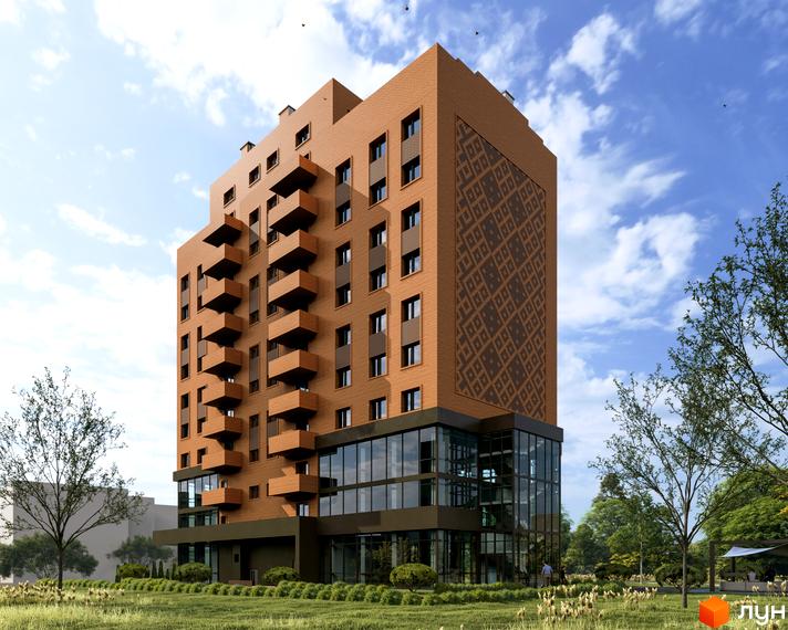 Багатоповерховий будинок Житлового комплексу Boryspil Residence з цегляними фасадами та балконами. Прибудинкова територія має зелений газон та дерева.