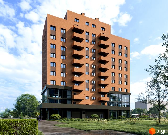 Висотна будівля ЖК Boryspil Residence з цегляним фасадом та скляним фасадом на першому поверсі. На прибудинковій території газон, зелені насадження та доріжки.
