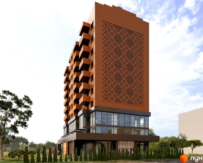 Висотна будівля ЖК Boryspil Residence з терасами та панорамним склінням. На фасаді будівлі декоративний візерунок, навколо зелені насадження.