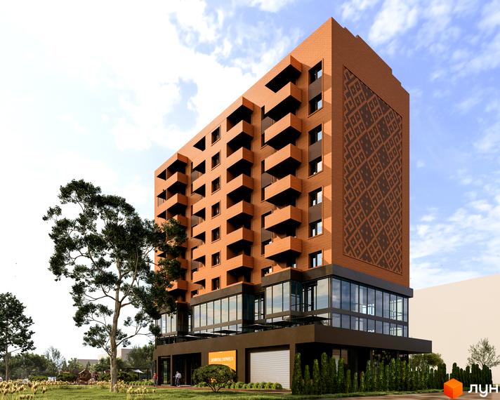 Висотна будівля ЖК Boryspil Residence з терасами та скляним фасадом на першому поверсі. Навколо будинку зелена зона з деревами та газоном.