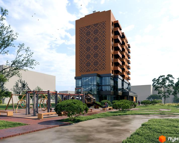 Багатоповерховий будинок Житлового комплексу Boryspil Residence з коричневим фасадом та геометричним візерунком, поруч дитячий майданчик та зелені насадження.