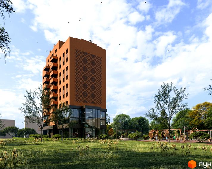 Житловий комплекс Boryspil Residence: багатоповерховий будинок з цегляним фасадом та великим візерунком. Поруч зелений газон, дерева та дитячий майданчик.