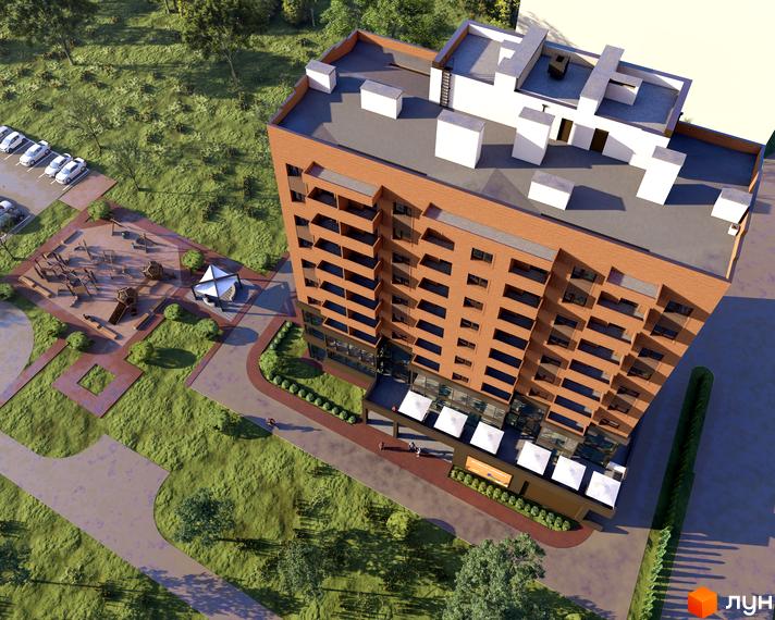 Зображення Житлового комплексу Boryspil Residence: багатоповерховий будинок з цегляним фасадом, прибудинкова територія з дитячим майданчиком та парковкою.