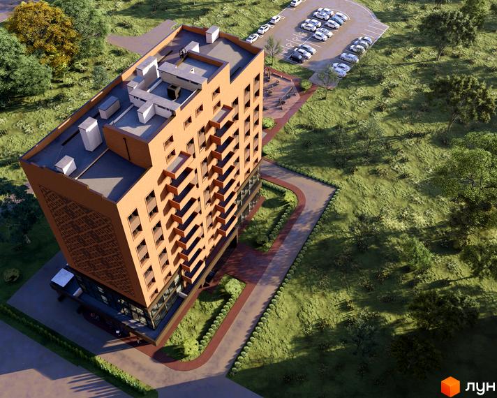 Висотна будівля ЖК Boryspil Residence з терасами та панорамними вікнами, поруч з будинком розташована парковка та зелена зона.