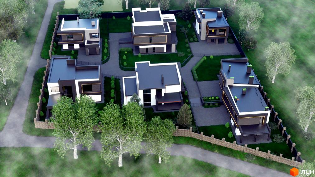 Котеджне містечко КМ PARK by berezivka: сучасні будинки з чорними дахами та білими фасадами на доглянутій зеленій території з деревами та парканом.