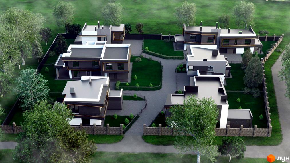 Котеджне містечко КМ PARK by berezivka. Зовнішній вигляд будинків з темними фасадами та білими елементами, прибудинкова територія з доглянутим газоном та парканом.