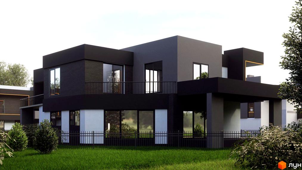 Котеджне містечко PARK by berezivka: двоповерховий будинок з чорним та сірим фасадом, великими вікнами, балконом та огородженою зеленою прибудинковою територією.