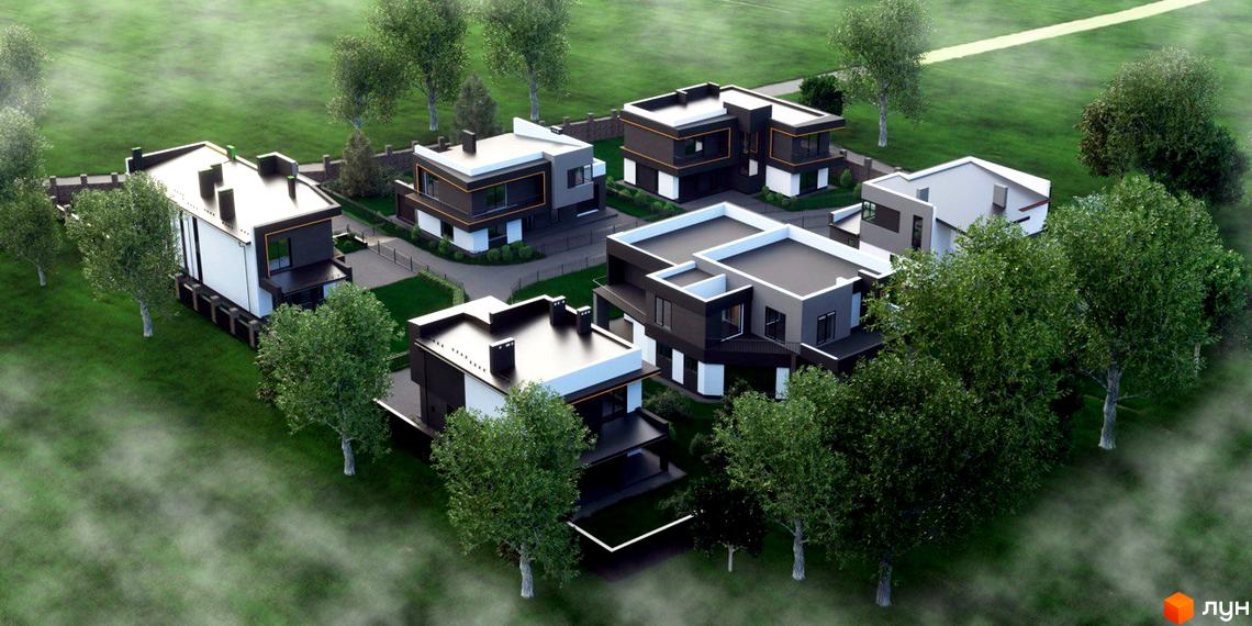 Котеджне містечко КМ PARK by berezivka: сучасні будинки з пласкими дахами та панорамними вікнами на тлі зеленої галявини з деревами.