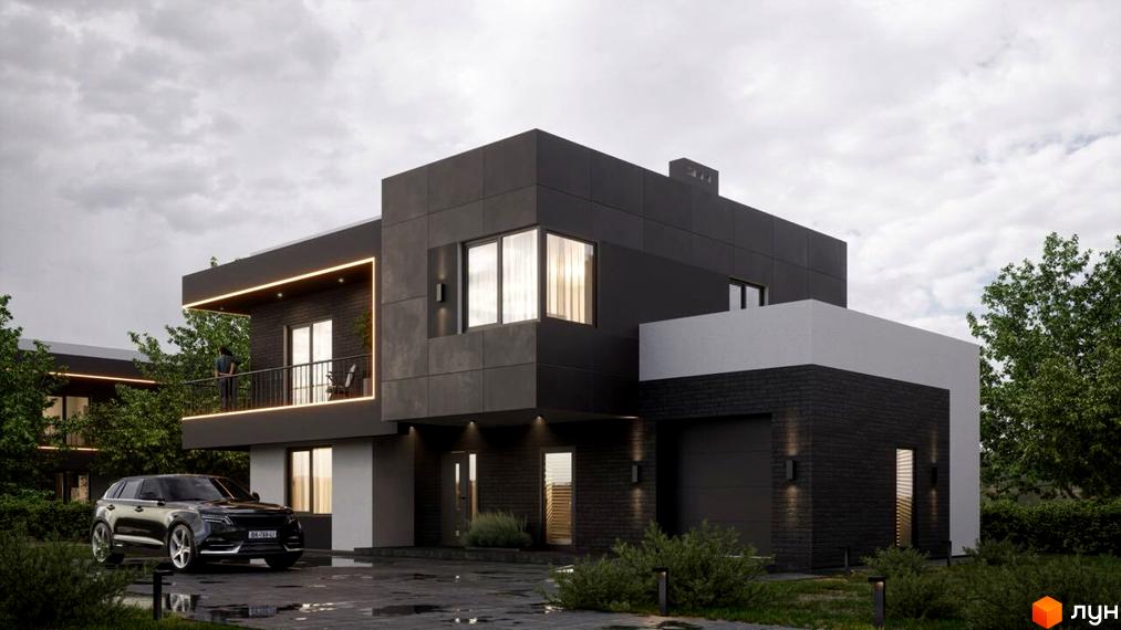 Сучасний двоповерховий будинок з темною цегляною кладкою, великими вікнами та балконом, біля якого припаркований автомобіль. Навколо будинку зелені насадження та доглянута прибудинкова територія.