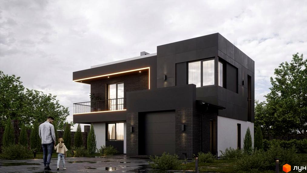 Котеджне містечко КМ PARK by berezivka. Сучасний двоповерховий будинок з темним фасадом, великими вікнами та гаражем, оточений зеленню та деревами.