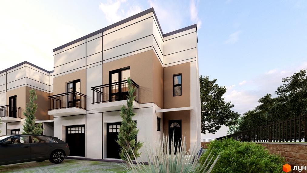Зображення таунхаусів EffectHOME 13. Двоповерхові будинки з балконами та гаражами, перед будинками зелені насадження.