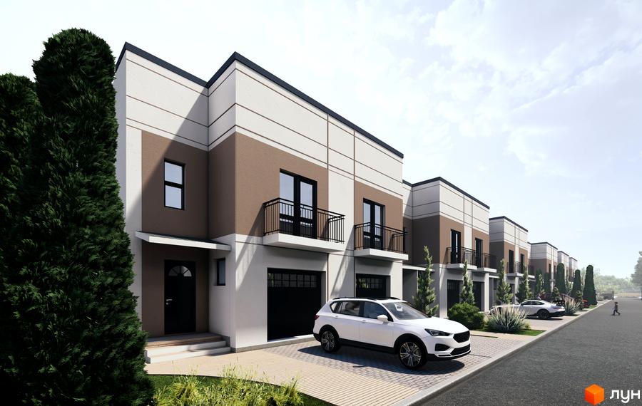 Зображення таунхаусів EffectHOME 13: будинки з бежевими та коричневими стінами, чорними вікнами та балконами. На подвір'ї є доріжки та зелені насадження.