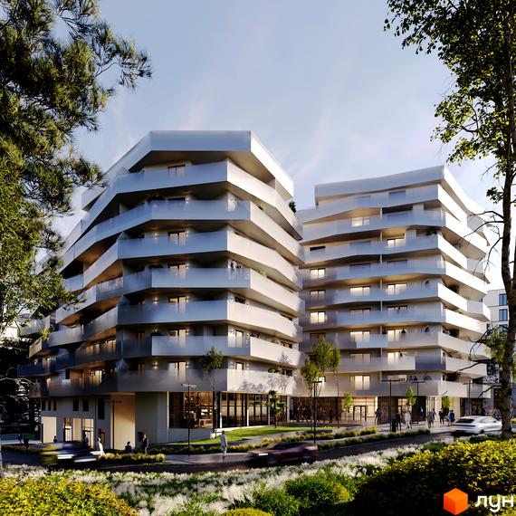 Holosko Residents - новобудова з багатоповерховими будинками та балконами, що виступають, на тлі дерев та блакитного неба. Прибудинкова територія з зеленими насадженнями та дорогою.