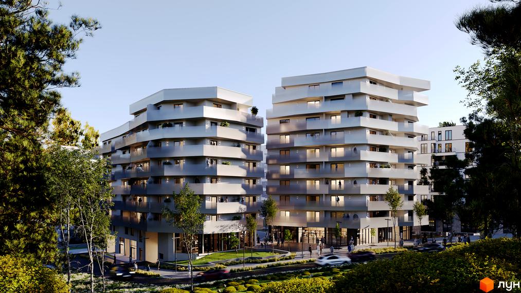 Житловий комплекс Holosko Residents з багатоповерховими будинками та терасами. Навколо комплексу зелена зона та дорога з автомобілями.