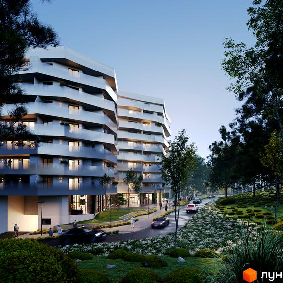 Житловий комплекс Holosko Residents з унікальною архітектурою та просторими балконами, оточений зеленою прибудинковою територією з доглянутими газонами та деревами.