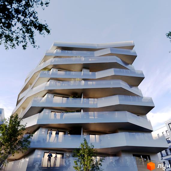Житловий комплекс Holosko Residents з незвичайною архітектурою та балконами, що виступають. Навколо новобудови зелені насадження та дерева.