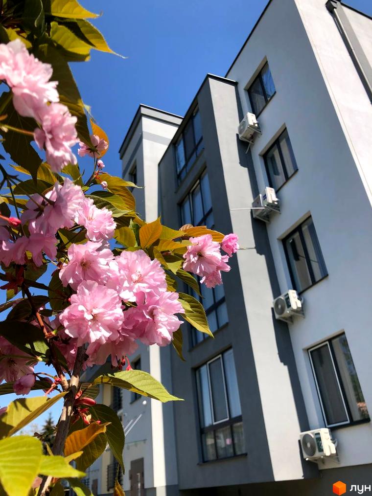 Зовнішній вигляд будинку ЖК Сучасний з рожевими квітами на тлі блакитного неба. Сучасна архітектура новобудови.