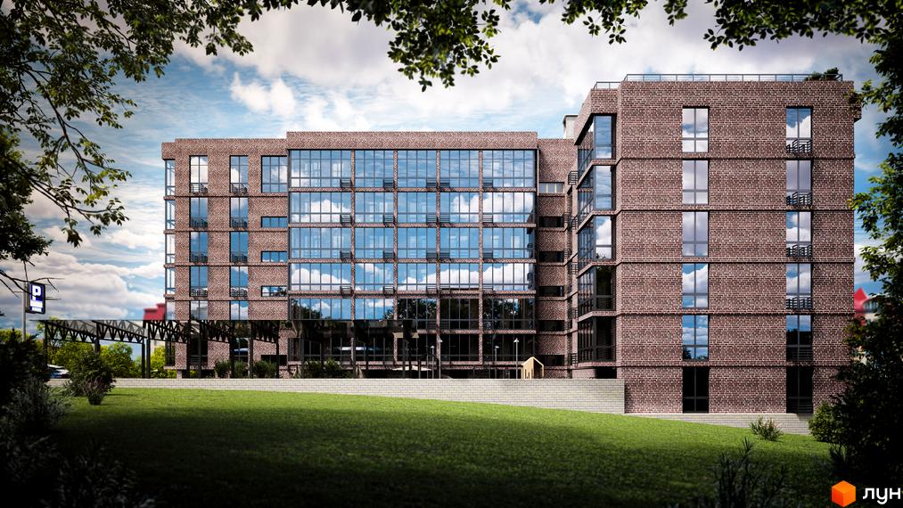 Зображення житлового комплексу Protasiv Hill. Цегляний будинок з великими вікнами, перед будинком газон та дерева, видно паркінг.