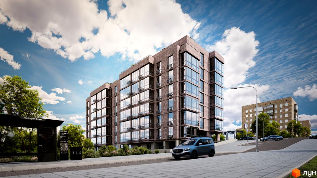 Висотна будівля житлового комплексу з великими вікнами та балконами, поруч дорога та зелені насадження. На передньому плані зупинка громадського транспорту.