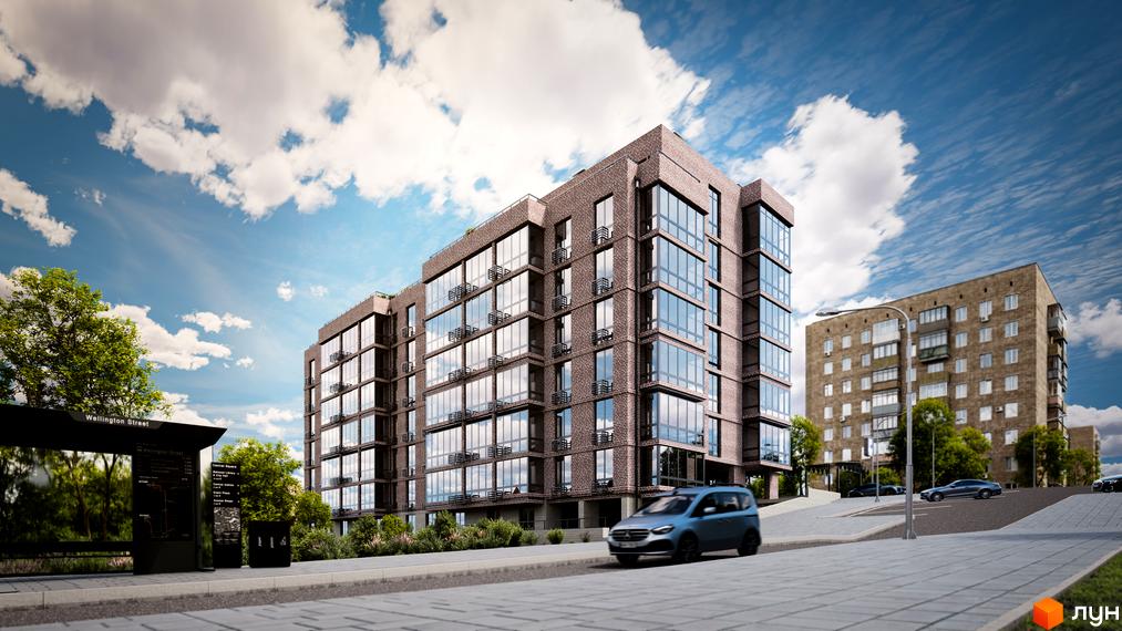 Клубний будинок Protasiv Hill з цегляним фасадом та великими вікнами, поряд зупинка громадського транспорту та сусідня будівля.