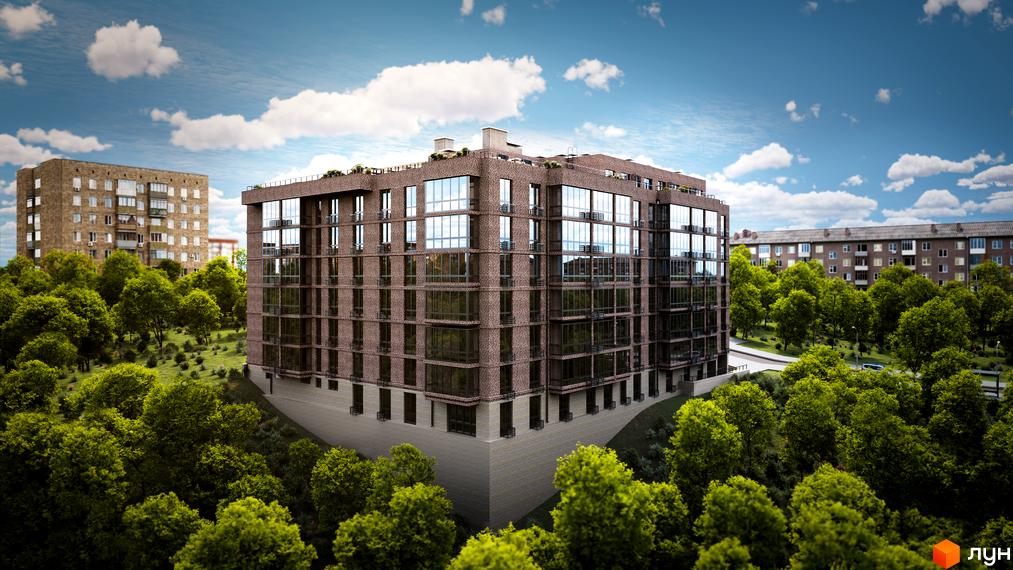 Зображення фасаду багатоповерхового будинку Клубний будинок Protasiv Hill з великими вікнами та цегляною кладкою, розташованого серед зелені дерев.