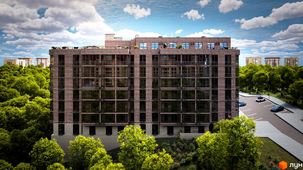 Висотна будівля житлового комплексу Protasiv Hill з цегляним фасадом, великими вікнами та прибудинковою територією з парковкою та зеленими насадженнями.