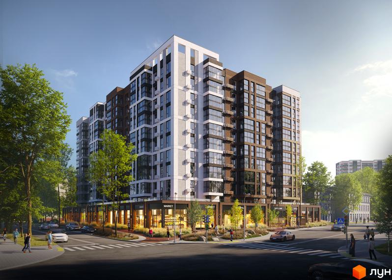 Зображення фасаду багатоповерхового будинку в Житловому комплексі SCANDINAVIA з магазинами на першому поверсі та прилеглою територією.