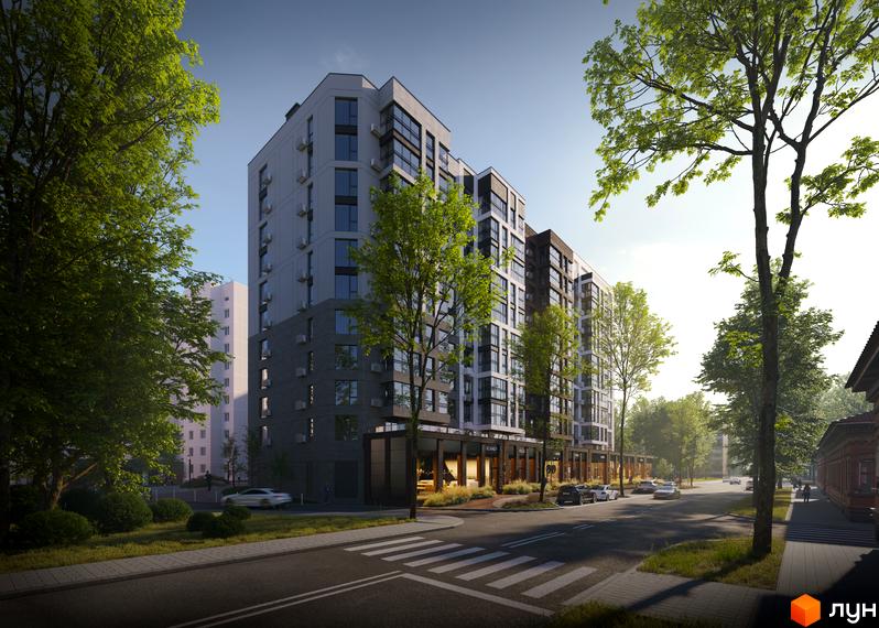 Зображення фасаду та прибудинкової території Житлового комплексу SCANDINAVIA. Багатоповерховий будинок з великими вікнами та деревами навколо.