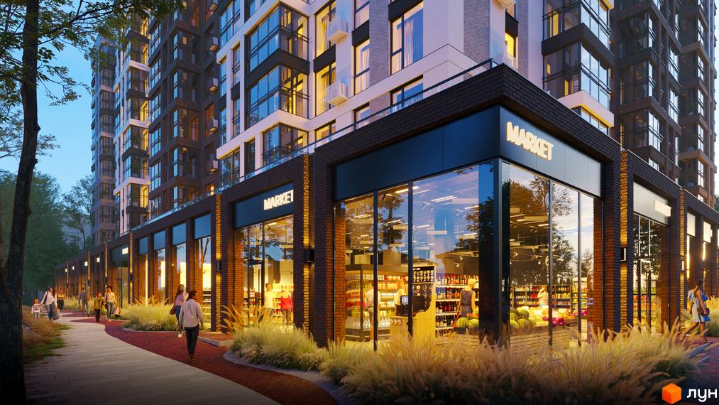 Житловий комплекс SCANDINAVIA: багатоповерхові будинки з комерційними приміщеннями на першому поверсі. Прибудинкова територія з доріжками та зеленими насадженнями.