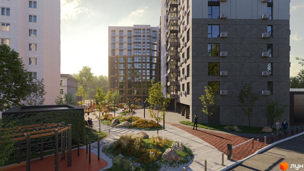 Зображення фасаду та прибудинкової території Житлового комплексу SCANDINAVIA. На території є дитячий майданчик та багато зелених насаджень.