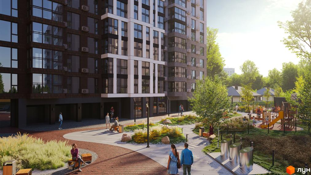 Зображення фасаду та прибудинкової території Житлового комплексу SCANDINAVIA. На території є дитячий майданчик та місця для відпочинку.