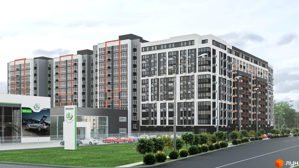 Зовнішній вигляд житлового комплексу НЕЗАЛЕЖНІСТЬ з сірими та білими фасадами, червоними акцентами та прибудинковою територією з газоном та деревами. Поруч розташований автосалон Skoda.