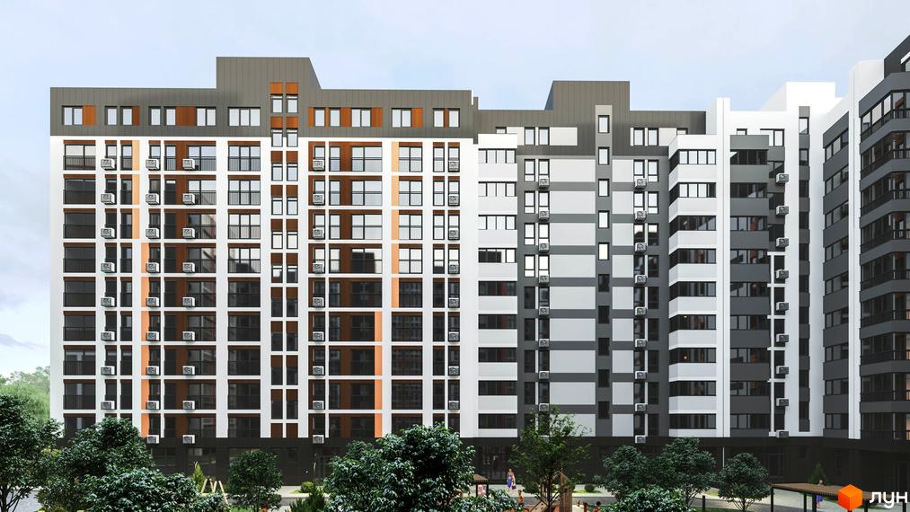 Фасад житлового комплексу Незалежність з численними балконами та кондиціонерами, зелена прибудинкова територія з деревами та дитячим майданчиком.