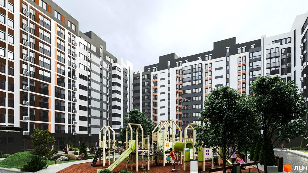 Житловий комплекс НЕЗАЛЕЖНІСТЬ з дитячим майданчиком та зеленими насадженнями. Сучасна архітектура будівель з великою кількістю вікон та балконів.