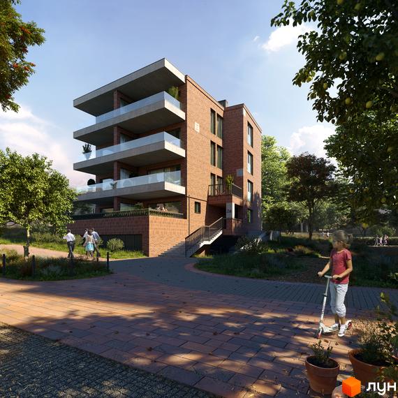 Зображення фасаду та прибудинкової території Житлового комплексу AUROOM IRON. На передньому плані дівчинка на самокаті.