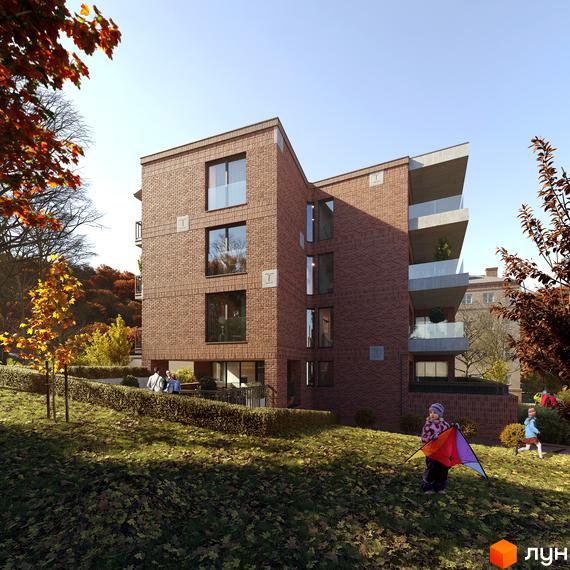 Житловий комплекс AUROOM IRON з червоної цегли з великими вікнами та скляними балконами. Прибудинкова територія з газоном, осіннім листям та дітьми.