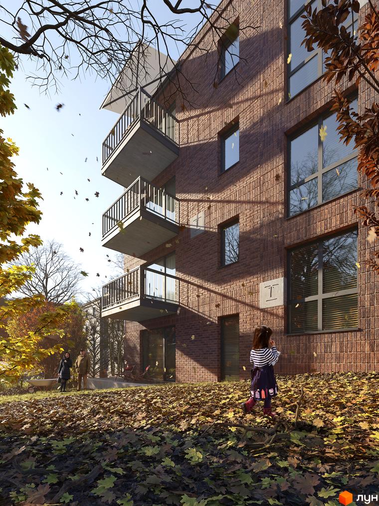 Зображення фасаду Житлового комплексу AUROOM IRON з балконами. На передньому плані листя та маленька дівчинка.