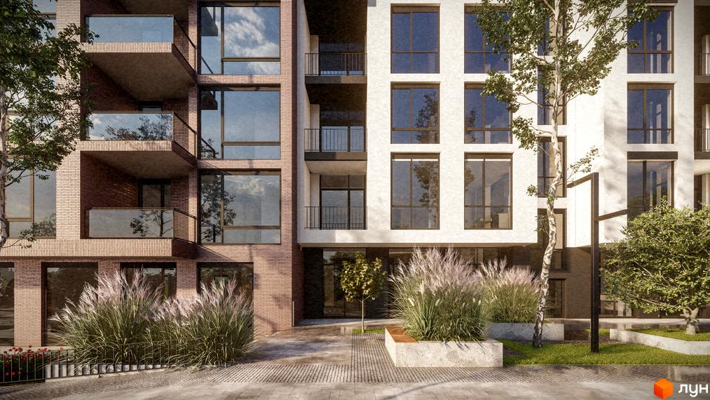Зовнішній вигляд Житлового комплексу Бузковий 2: будівля з цегли та світлого фасаду, великі вікна, балкони. Територія з доріжками, деревами, травами.