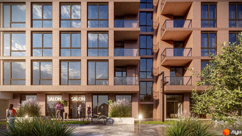 Фасад Житлового комплексу Бузковий 2 з коричневої цегли, великими вікнами та балконами. Прибудинкова територія з зеленими насадженнями та пішохідною зоною.