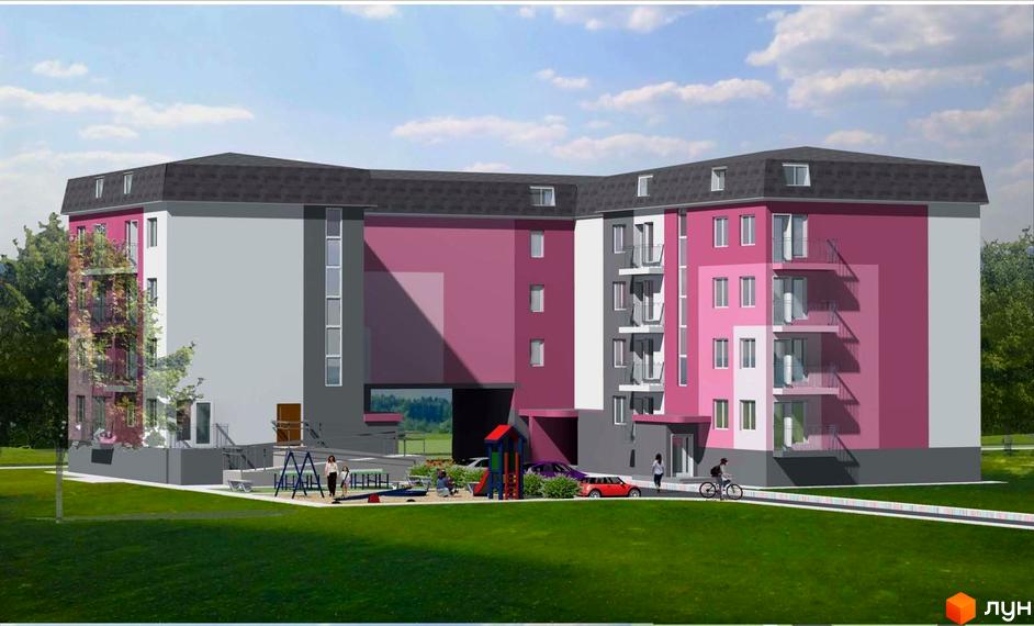 Житловий комплекс Твій дім з фасадами рожевого та сірого кольорів та балконами. Поруч розташований дитячий майданчик та зелена галявина.