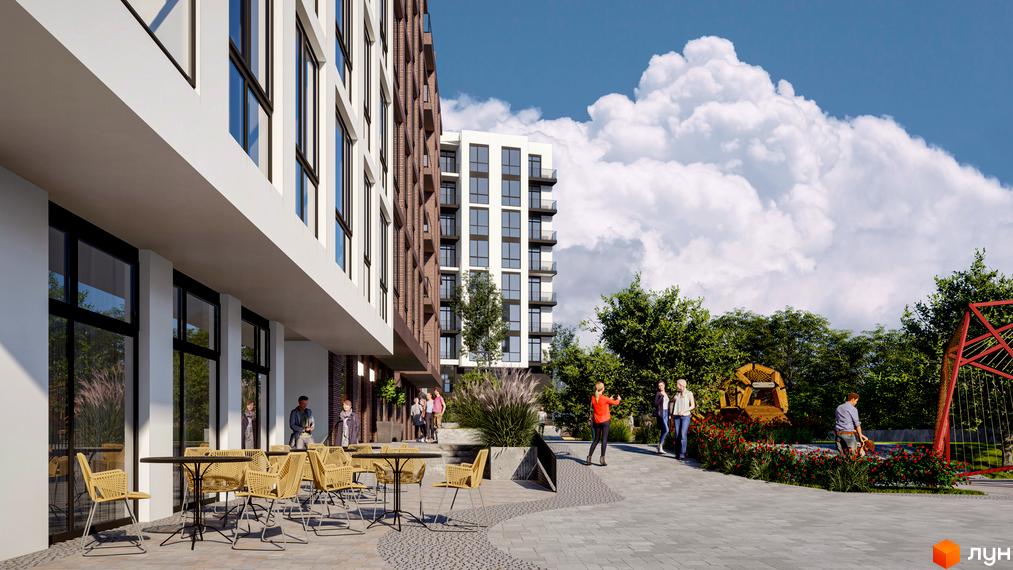 Житловий комплекс Бузковий 2: фасад будинку з білими стінами та темними вікнами. Прибудинкова територія з кафе, доріжками та зеленими насадженнями.