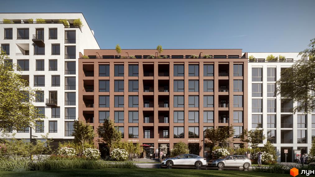 Житловий комплекс Бузковий 2: Вигляд на багатоповерхові будинки з цегляним та світлим фасадом, великими вікнами та балконами. Перед будинками зелені насадження та дорога.