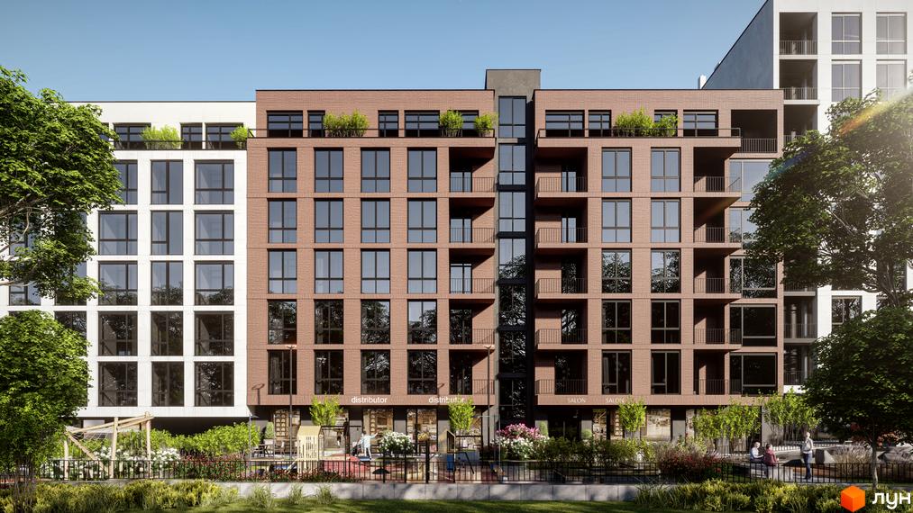 Житловий комплекс Бузковий 2 з цегляним фасадом та великими вікнами, зеленою прибудинковою територією та дитячим майданчиком.