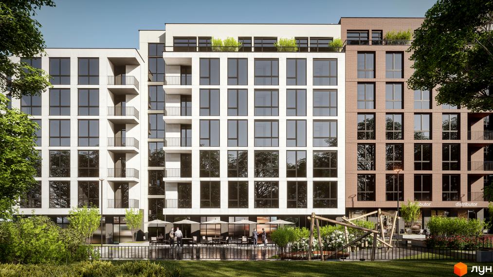 Житловий комплекс Бузковий 2 з білим та цегляним фасадами, великими вікнами. Прибудинкова територія включає газон, дитячий майданчик та зону відпочинку.