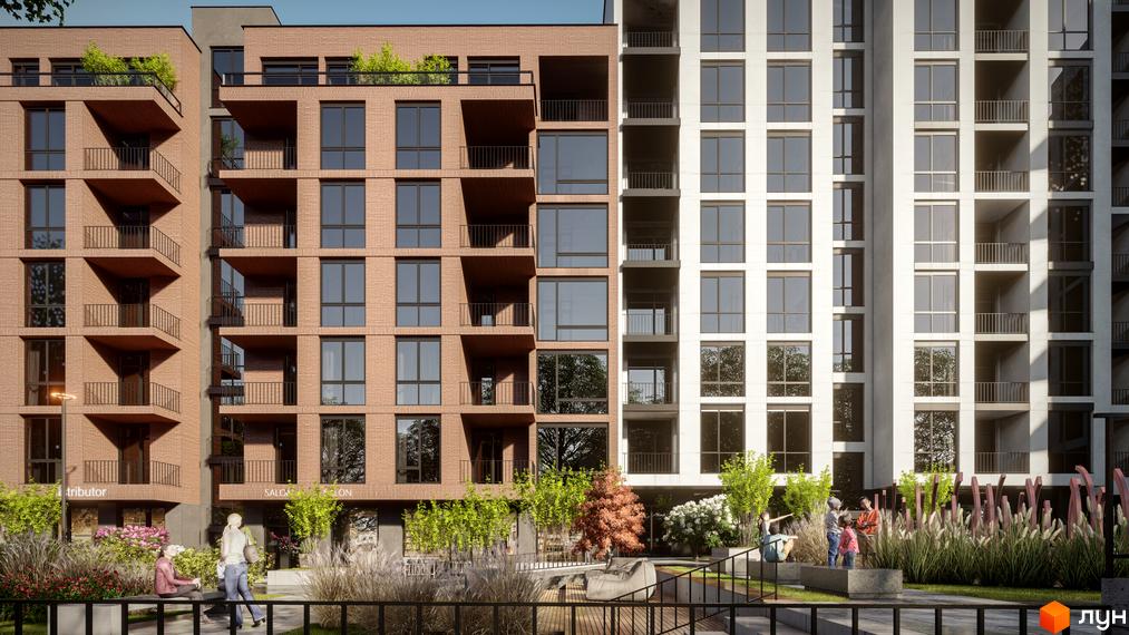 Фасад Житлового комплексу Бузковий 2 з багатоповерховими секціями з цегли та світлого матеріалу, великими вікнами. На території багато зелені та відпочивають люди.