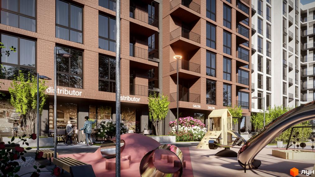 Зображення фасаду та прибудинкової території Житлового комплексу Бузковий 2. На передньому плані дитячий майданчик.