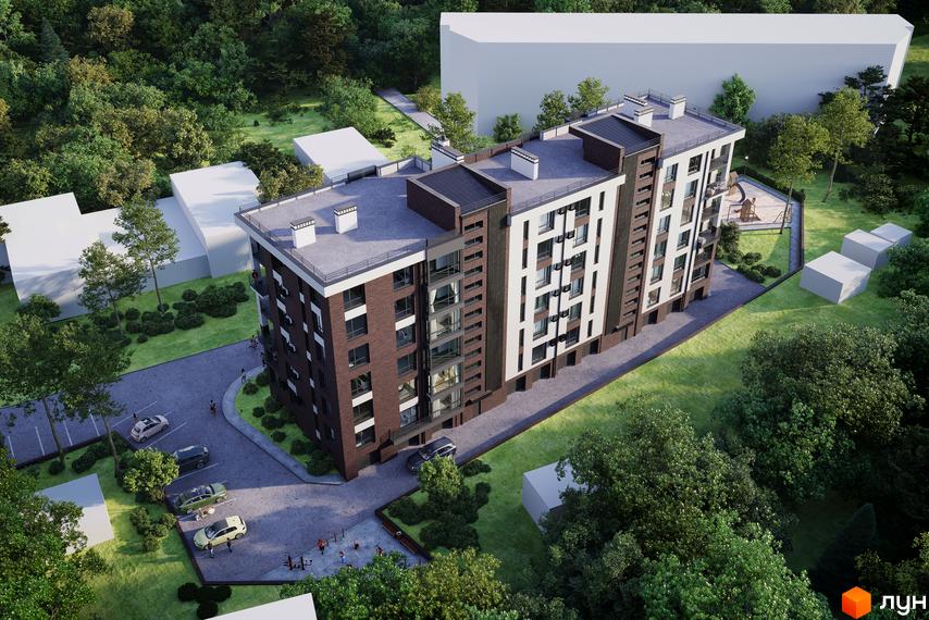 Багатоповерховий будинок з комбінованим фасадом: темна цегла та світлі панелі. Прибудинкова територія з зеленими насадженнями, парковкою та дитячим майданчиком.