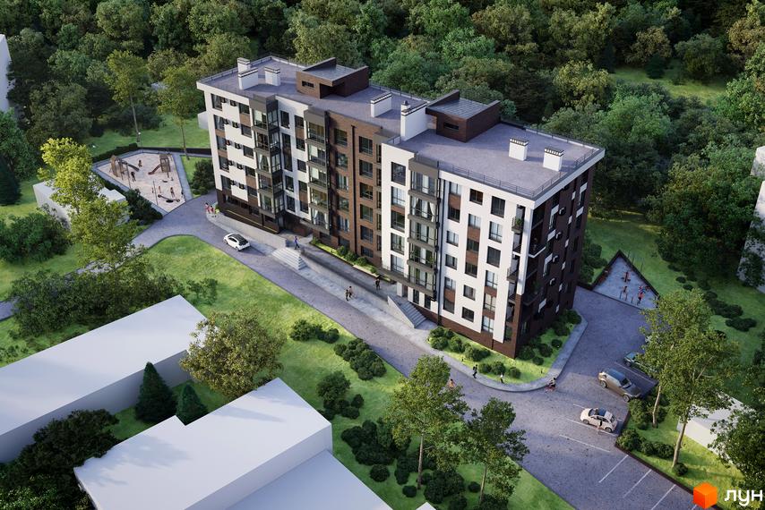 Багатоповерховий житловий будинок з білими та темно-коричневими фасадами, оточений зеленими насадженнями, дитячим майданчиком та парковкою.