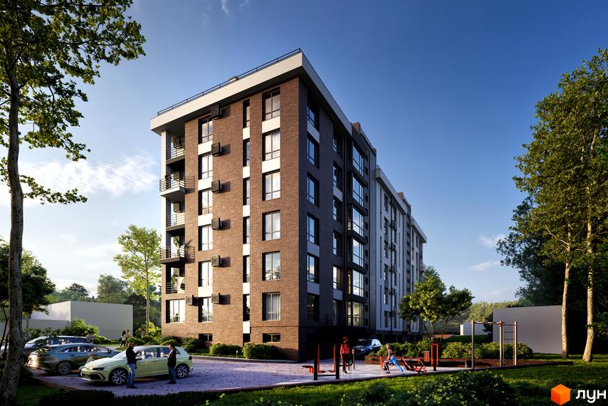 Новобудова на вул. Бориславська, 20 з коричневим цегляним фасадом, балконами, парковкою та спортивним майданчиком.