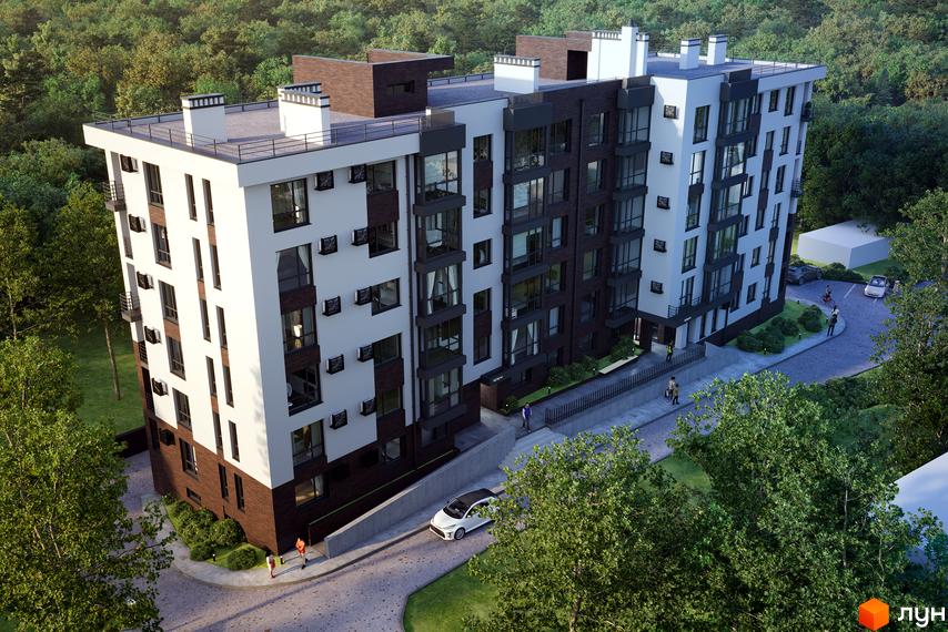 Багатоповерховий житловий будинок з комбінованими фасадами світлого та темного кольорів. Навколо зелені насадження та вимощена доріжка.